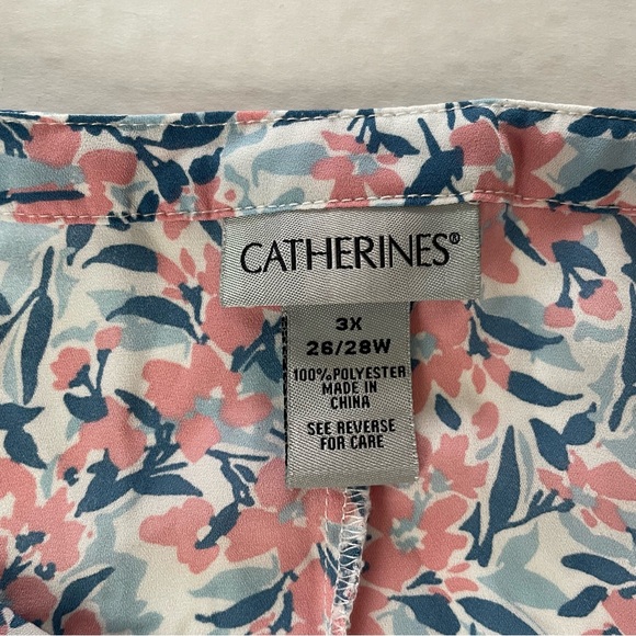 Catherines Blue Pink Floral Top Blouse Button Up 3/4 Roll Tab Sleeves Plus 3X‎ - Picture 7 of 9